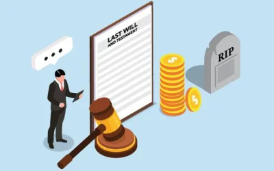 estate planning graphic of person next to legal graphics and contract