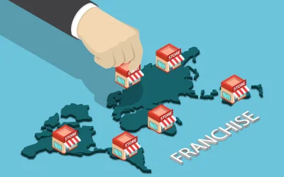 franchise law person holding businesses over the world