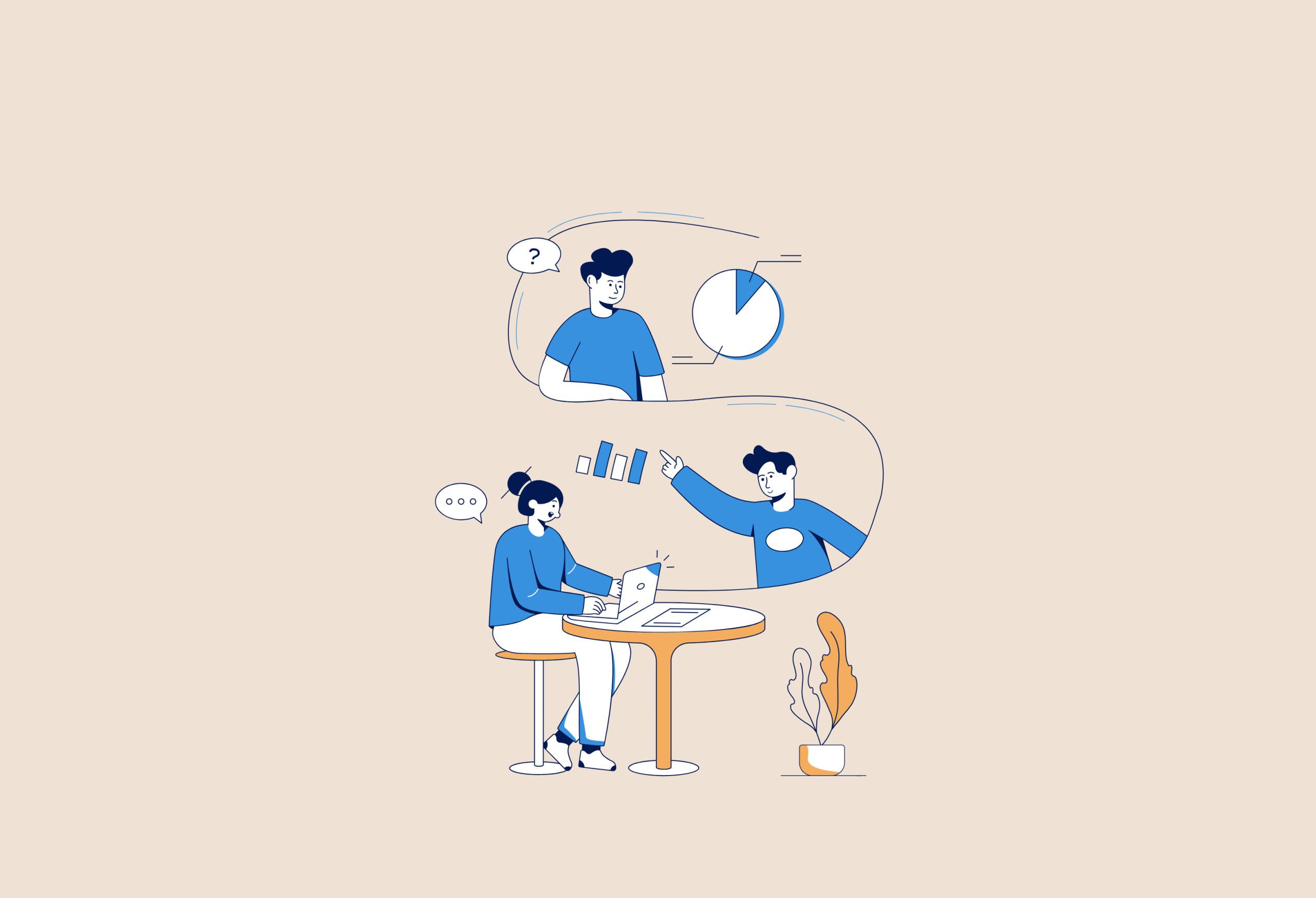graphic of drawn person sitting a a table and other people doing activities above her